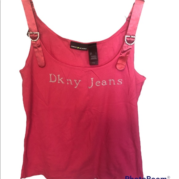 DKNY ribbed knit tank top with satin trim straps and “bling” detail. EUC, SZ L